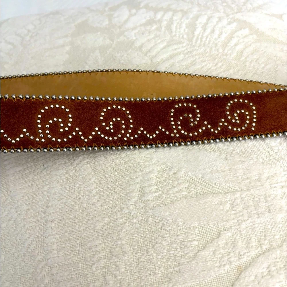Tony Lama Brown Suede Belt 34 Crystal Heart Buckle Studded Western Cowgirl Y2K
